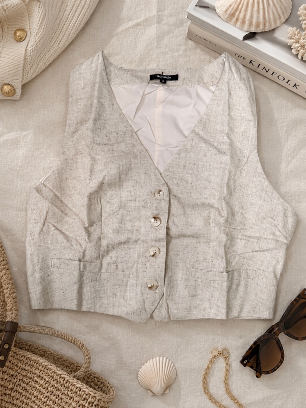 RolyPoly New Linen Blend Tailored Waistcoat Vest Top Small Beige